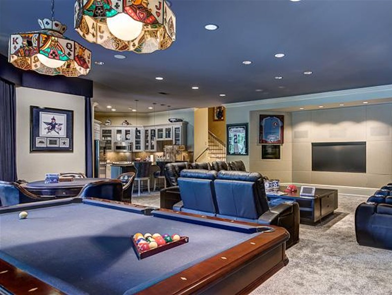 Man cave with pool table and spotlights