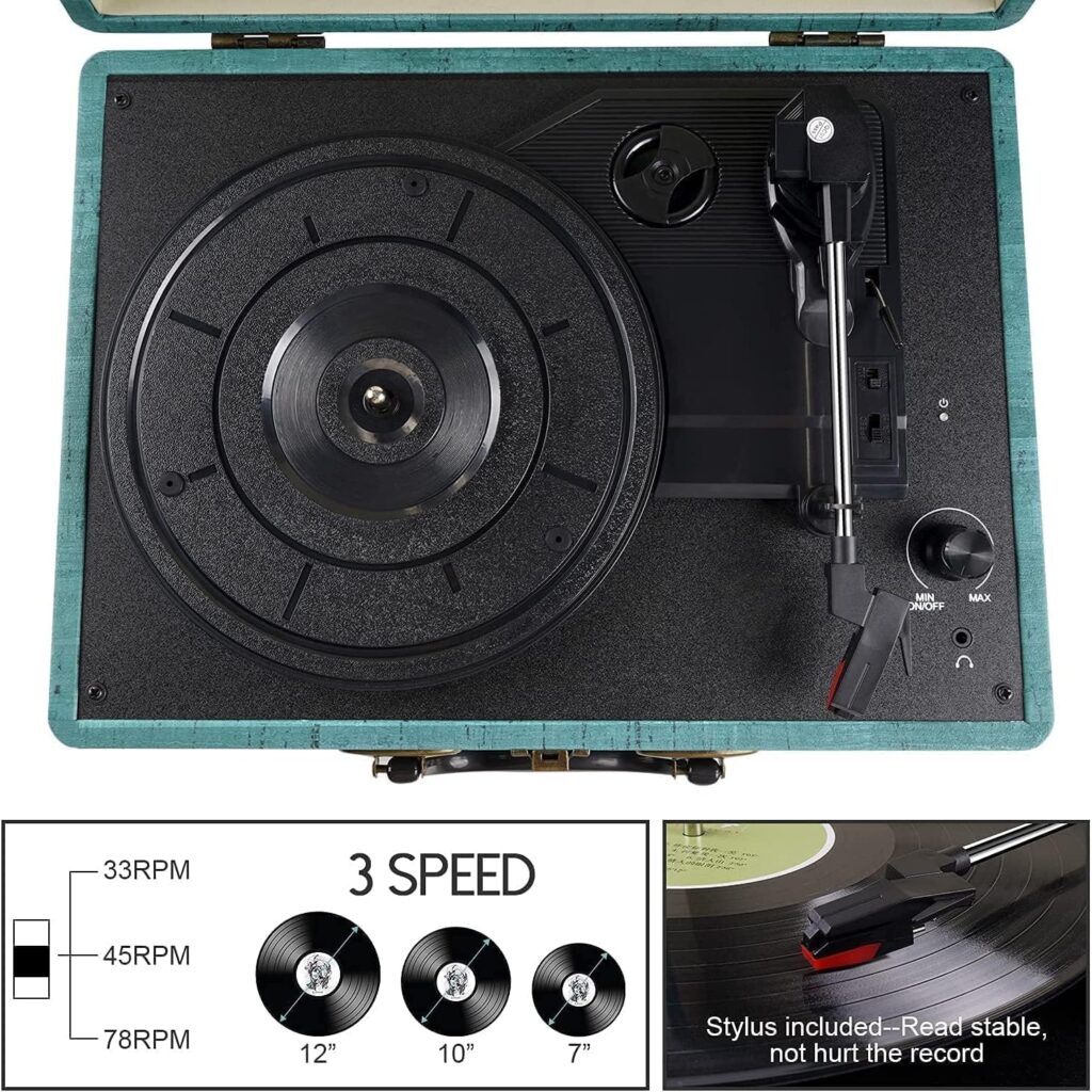 Record Player Vintage 3-Speed Bluetooth Vinyl Turntable with Stereo Speaker, Belt Driven Suitcase Vinyl Record Player